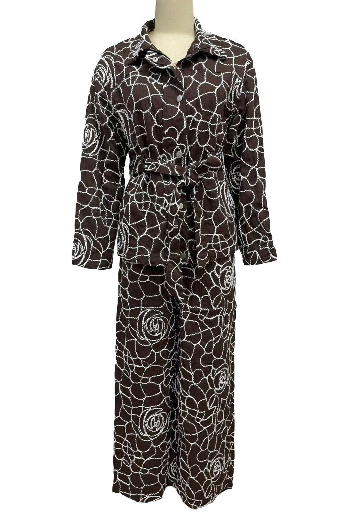 Embroidered Belted Wide Leg Matching Set LavishDaily