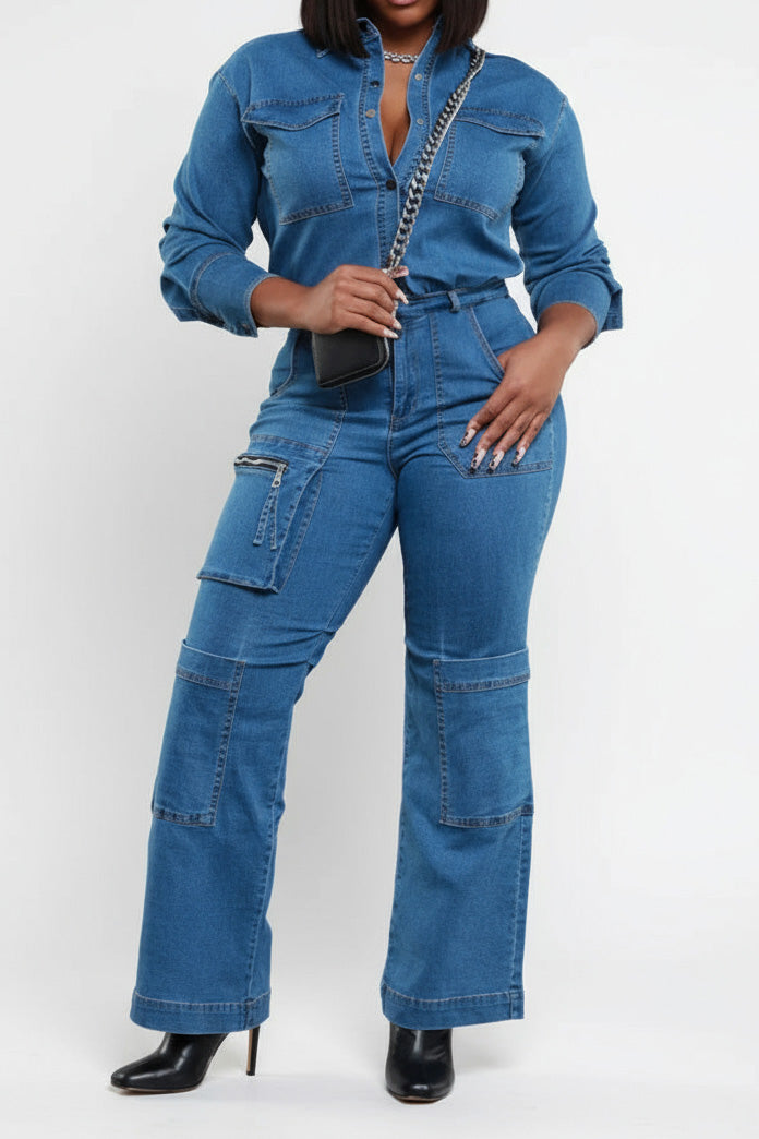 Washed Stretch Denim Utility Jumpsuit Lavish Daily