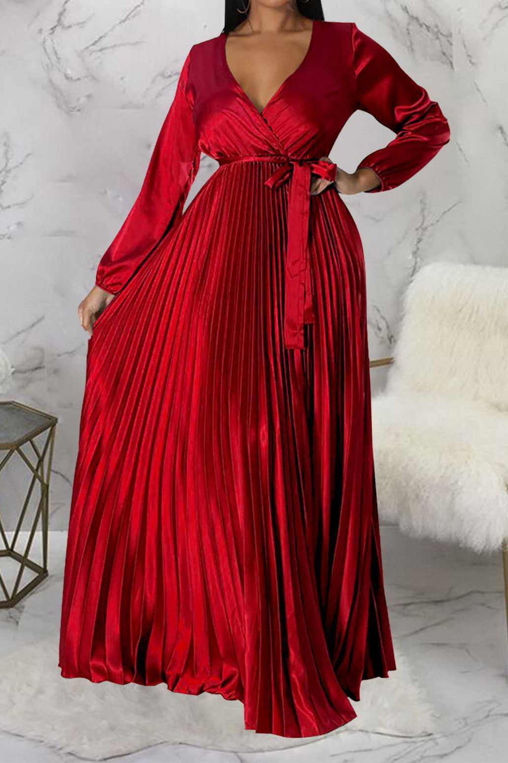 Faux Silk Pleated Tie-Waist Maxi Dress Lavish Daily