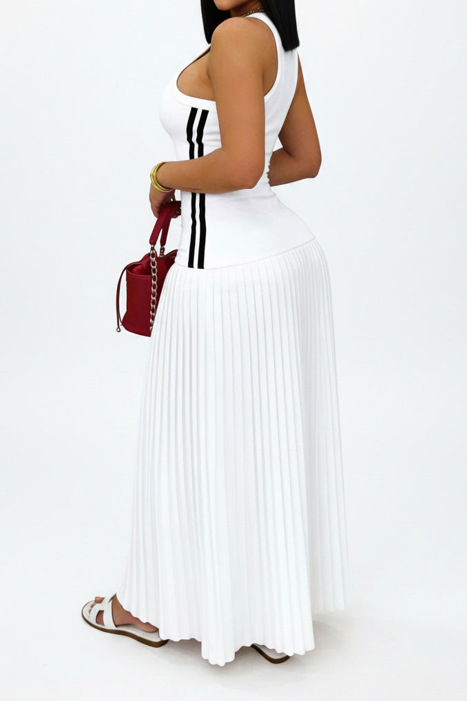 Sporty Contrast-Stripe Pleated Maxi Dress Lavish Daily
