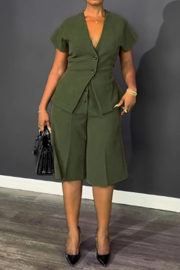 V-Neck Peplum Top & Wide Leg Culotte Set Lavish Daily