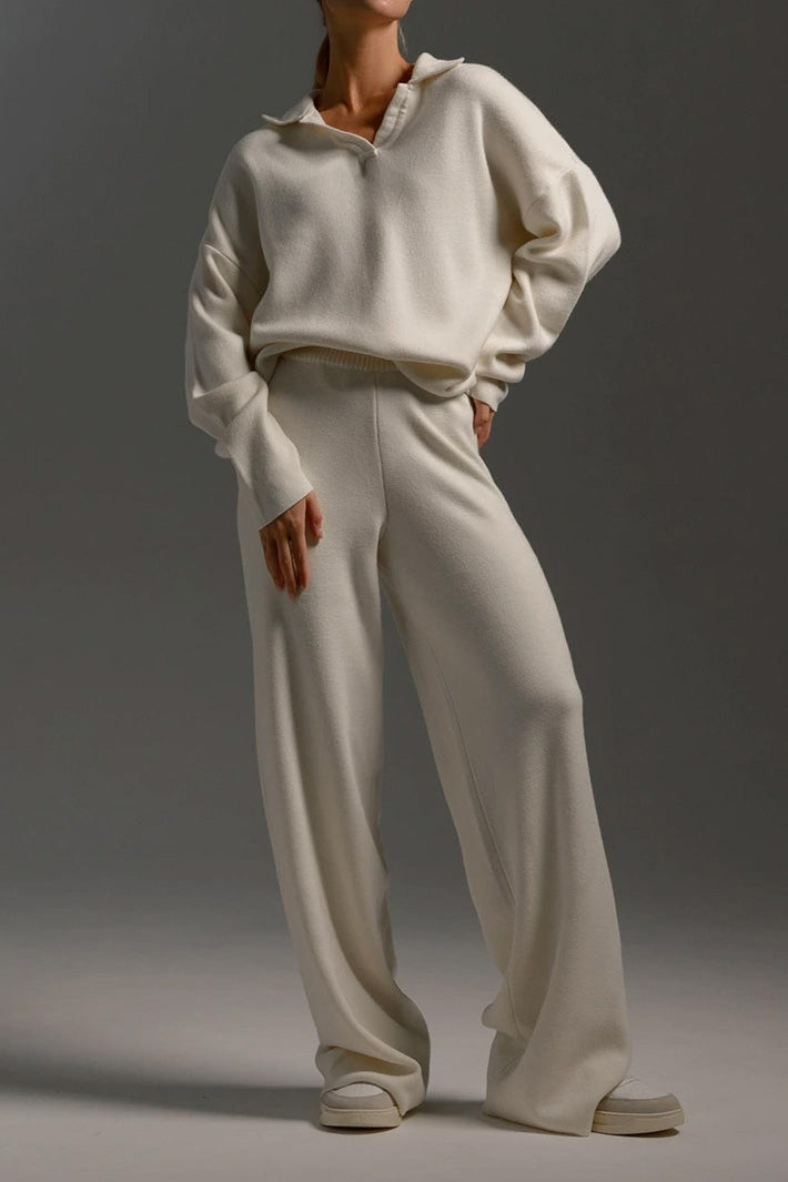 2-Piece Knit Polo & Wide-Leg Lounge Set Lavish Daily