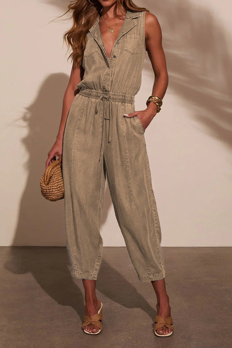 Sleeveless Drawstring Denim Utility Jumpsuit Lavish Daily