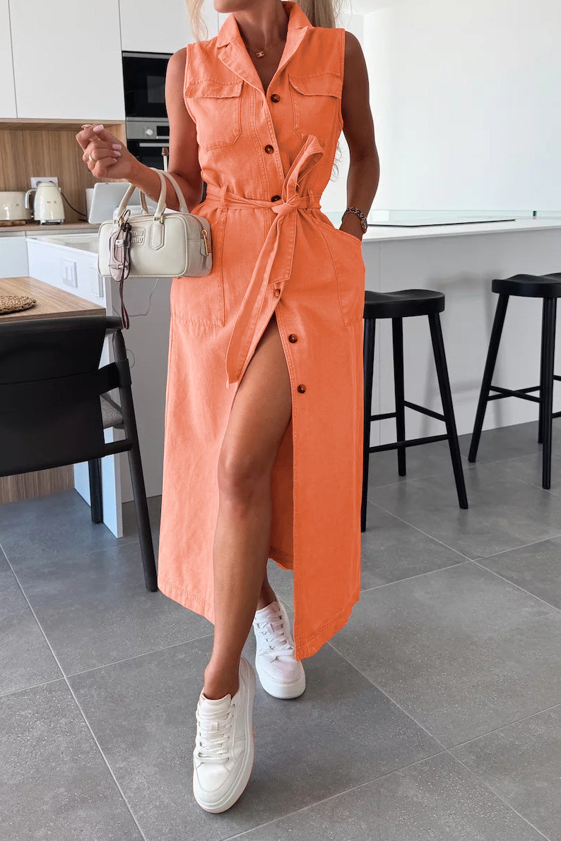 Sleeveless Belted Utility Maxi Shirt Dress Lavish Daily