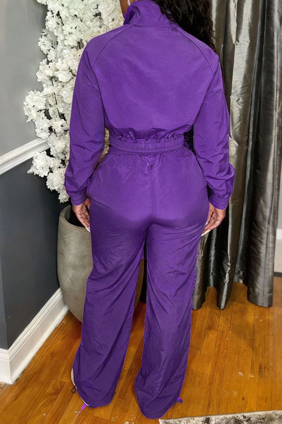 Zip-Front Piped Top & Wide-Leg Pants Set Lavish Daily