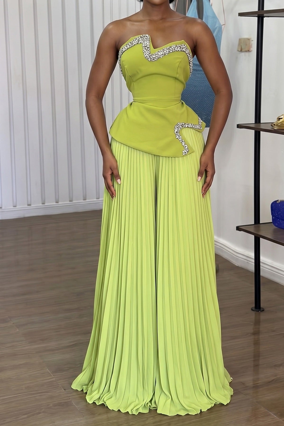 Strapless Rhinestone Top & Pleated Pants Set Lavish Daily