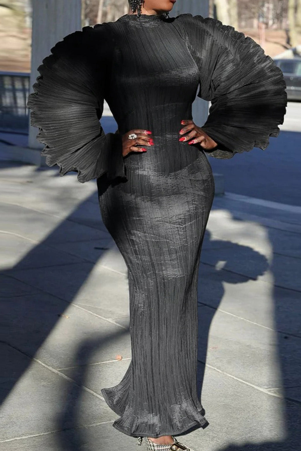 Elegant Pleated Maxi Dress with Lantern Sleeves Lavish Daily