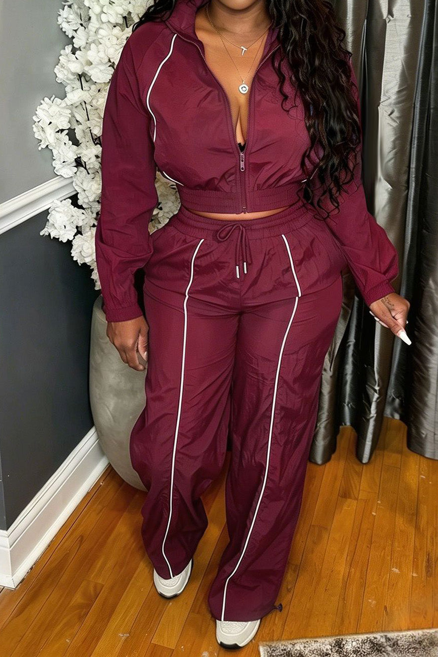 Zip-Front Piped Top & Wide-Leg Pants Set Lavish Daily