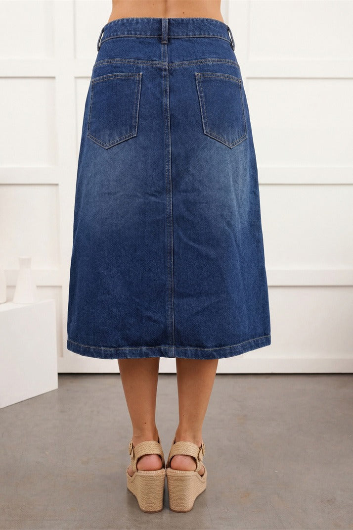 Button Front Cargo Denim Midi Skirt LavishDaily