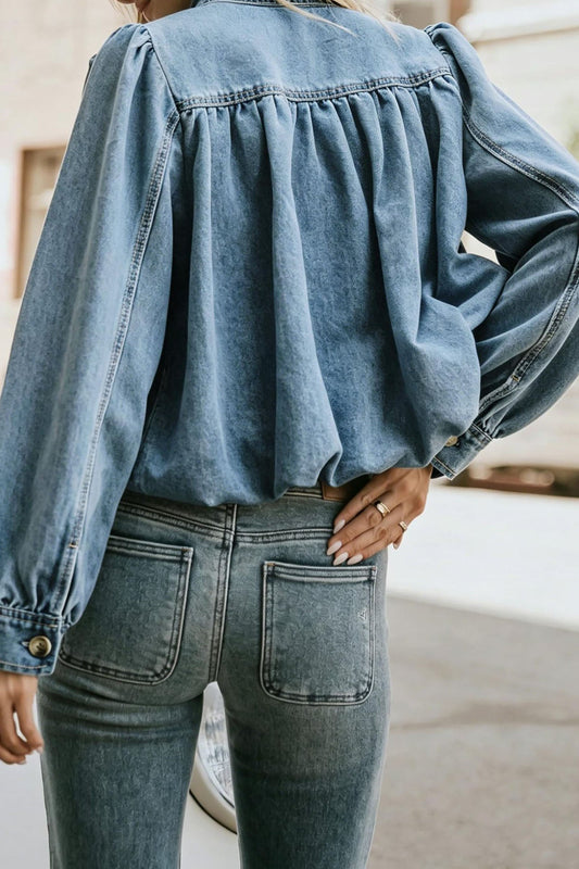 Puff-Sleeve Stand-Collar Denim Jacket Lavish Daily