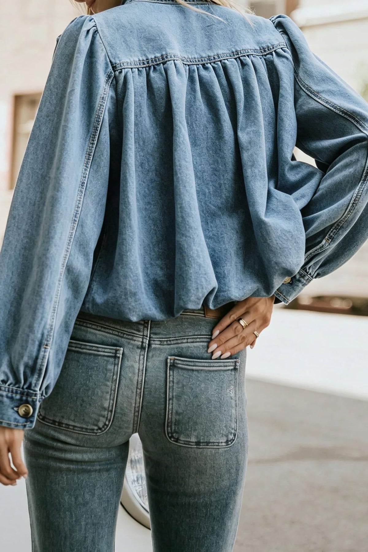 Puff-Sleeve Stand-Collar Denim Jacket Lavish Daily