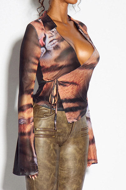 Tiger-Print Tie-Front Mesh Shirt Lavish Daily
