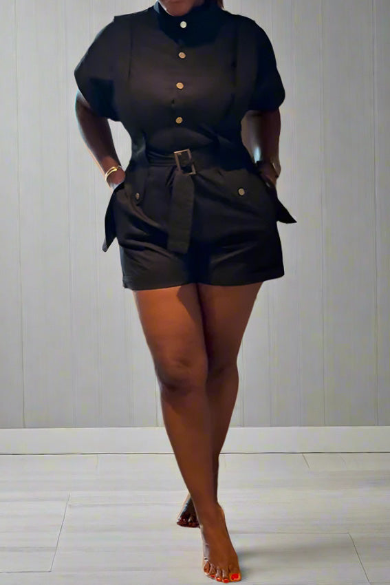 Button-Front Belted Romper Lavish Daily