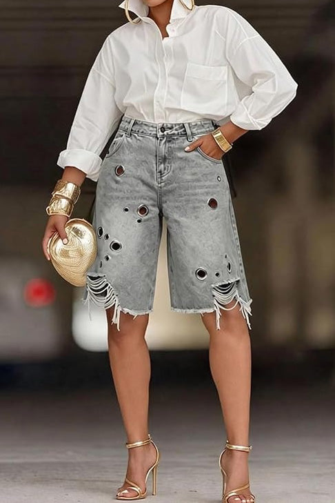 Grommet Distressed Denim Bermuda Shorts Lavish Daily