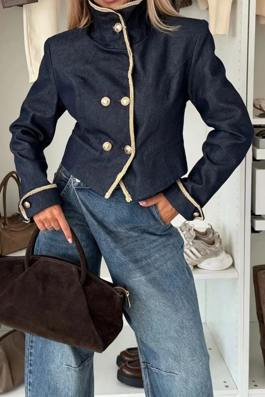 Contrast-Trim Cropped Military Jacket Lavish Daily