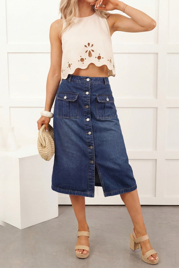 Button Front Cargo Denim Midi Skirt LavishDaily