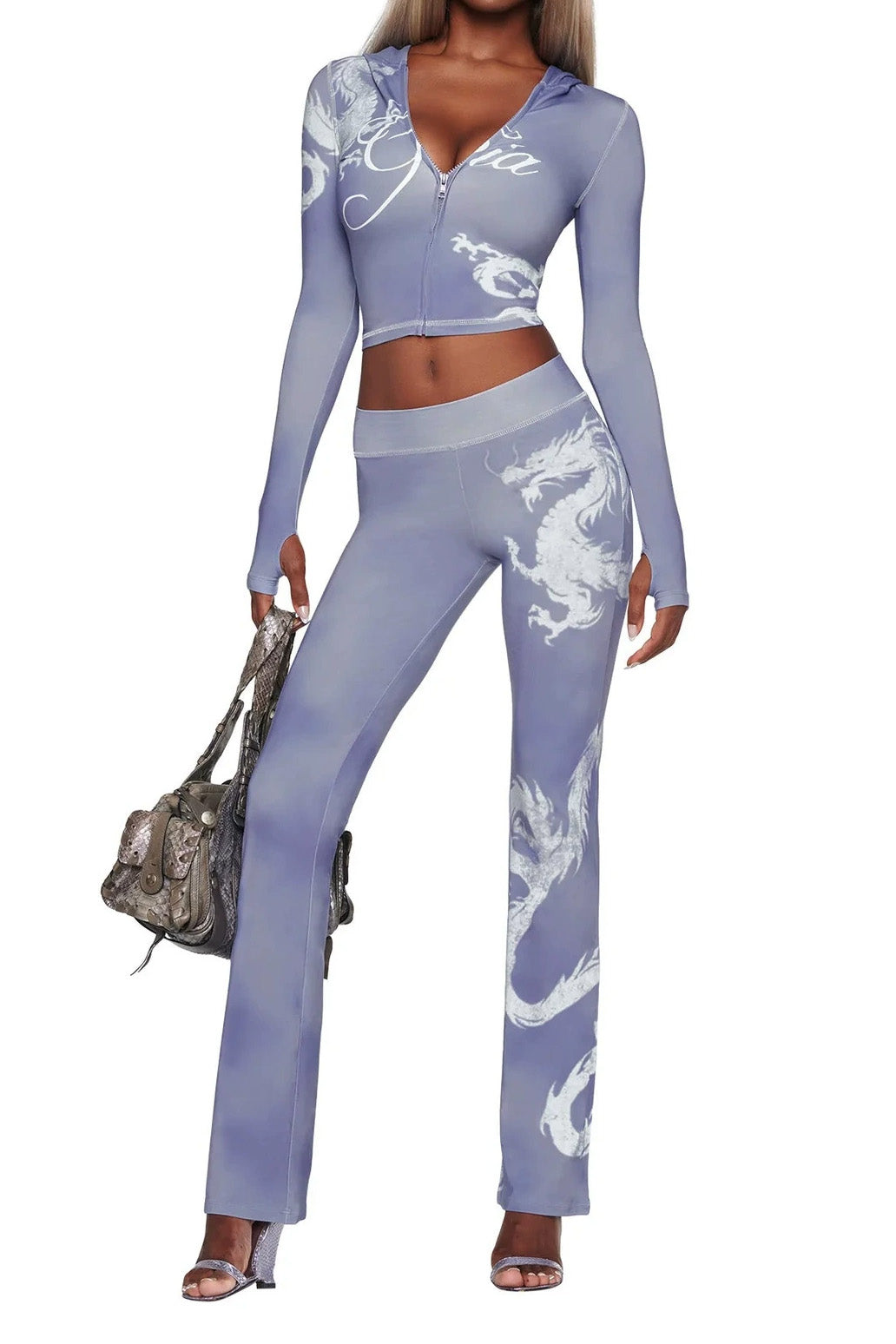 Printed Zip Hoodie Flare Pants Set Lavish Daily