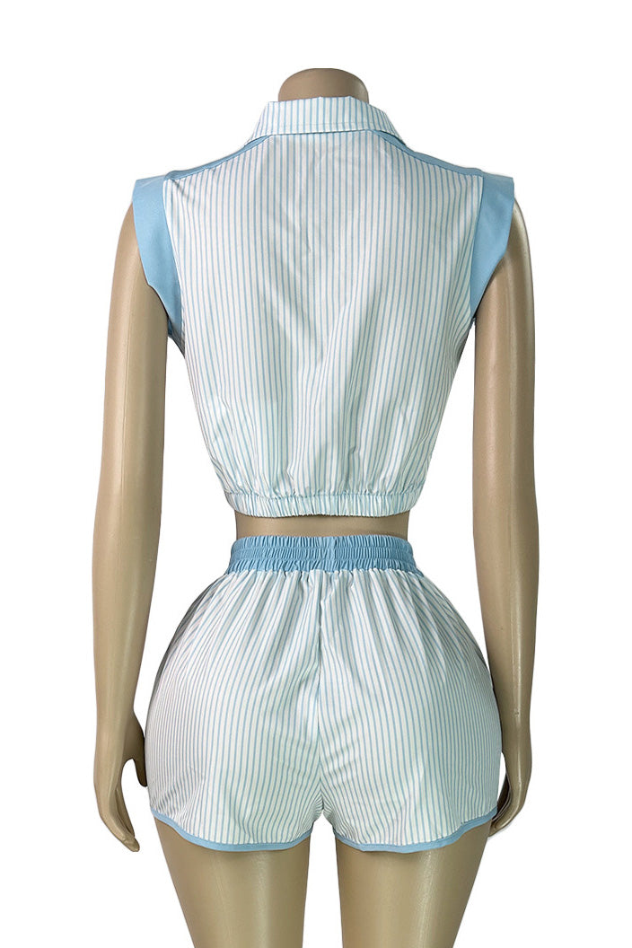 Contrast Panel Striped Half-Zip Top & Shorts Set Lavish Daily