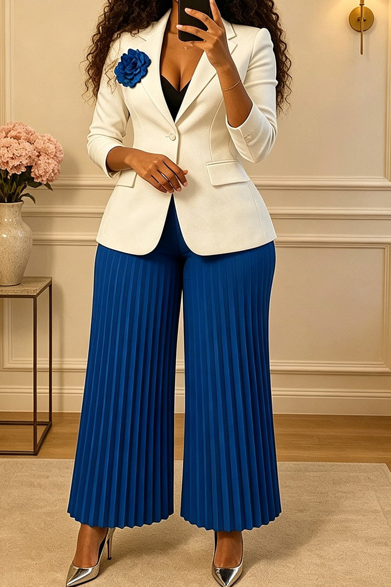 Floral Brooch Blazer Pleated Pants Set Lavish Daily