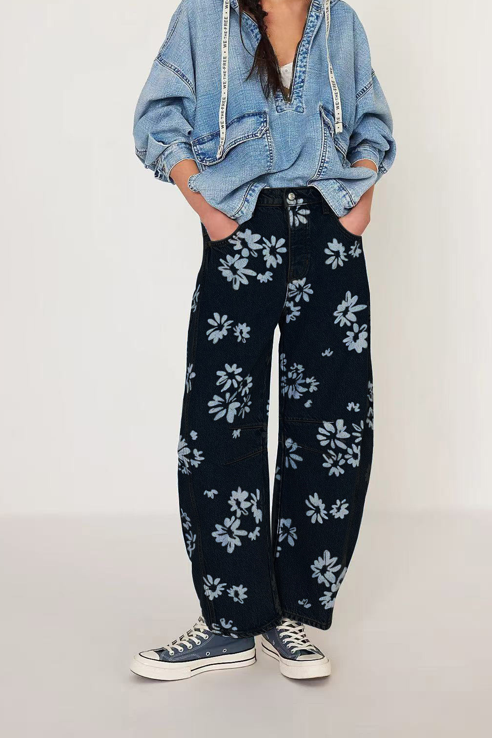 Floral Print Relaxed Barrel Leg Jeans Lavish Daily