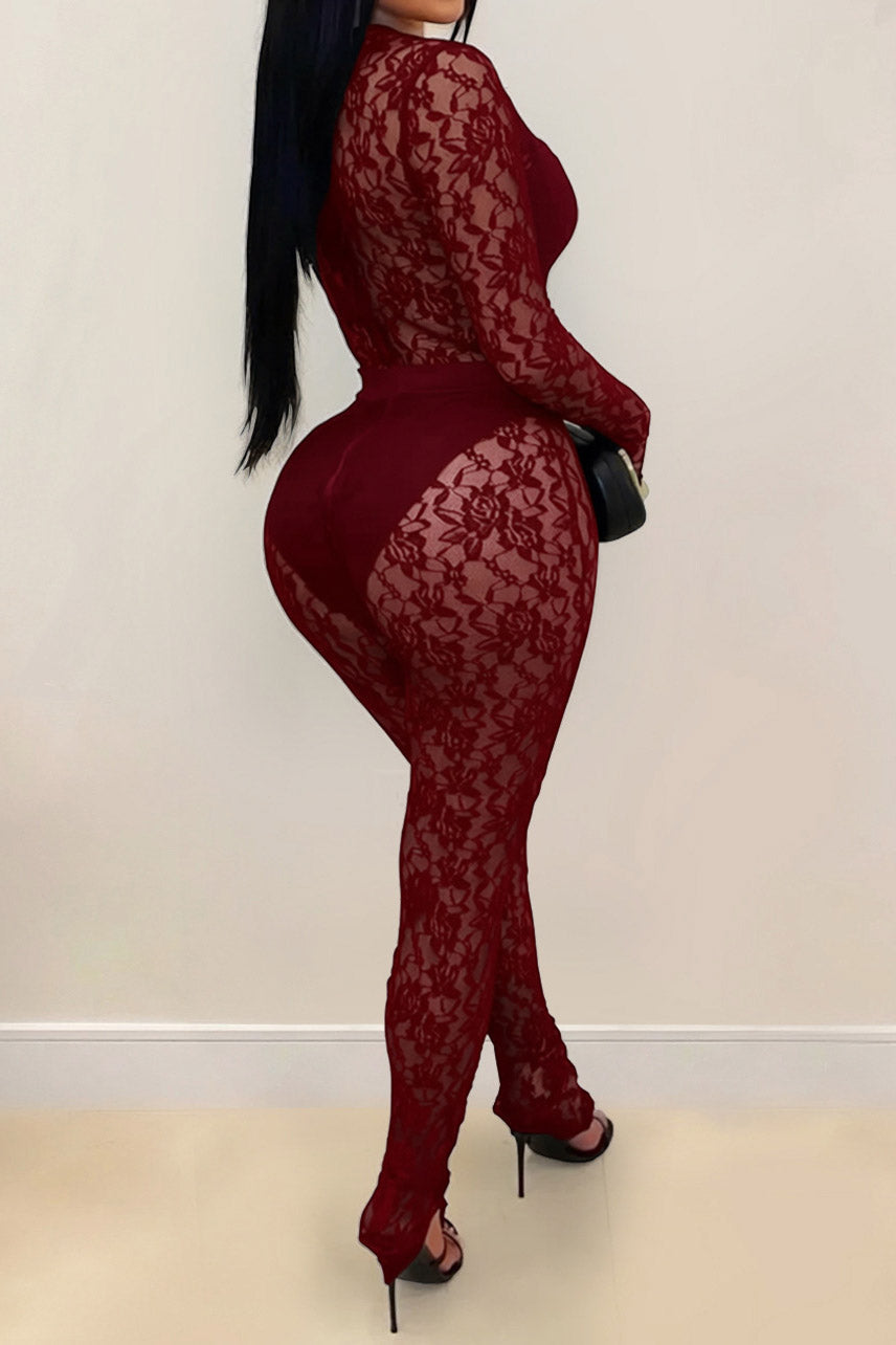 Sheer Lace Long-Sleeve Cutout Jumpsuit Lavish Daily