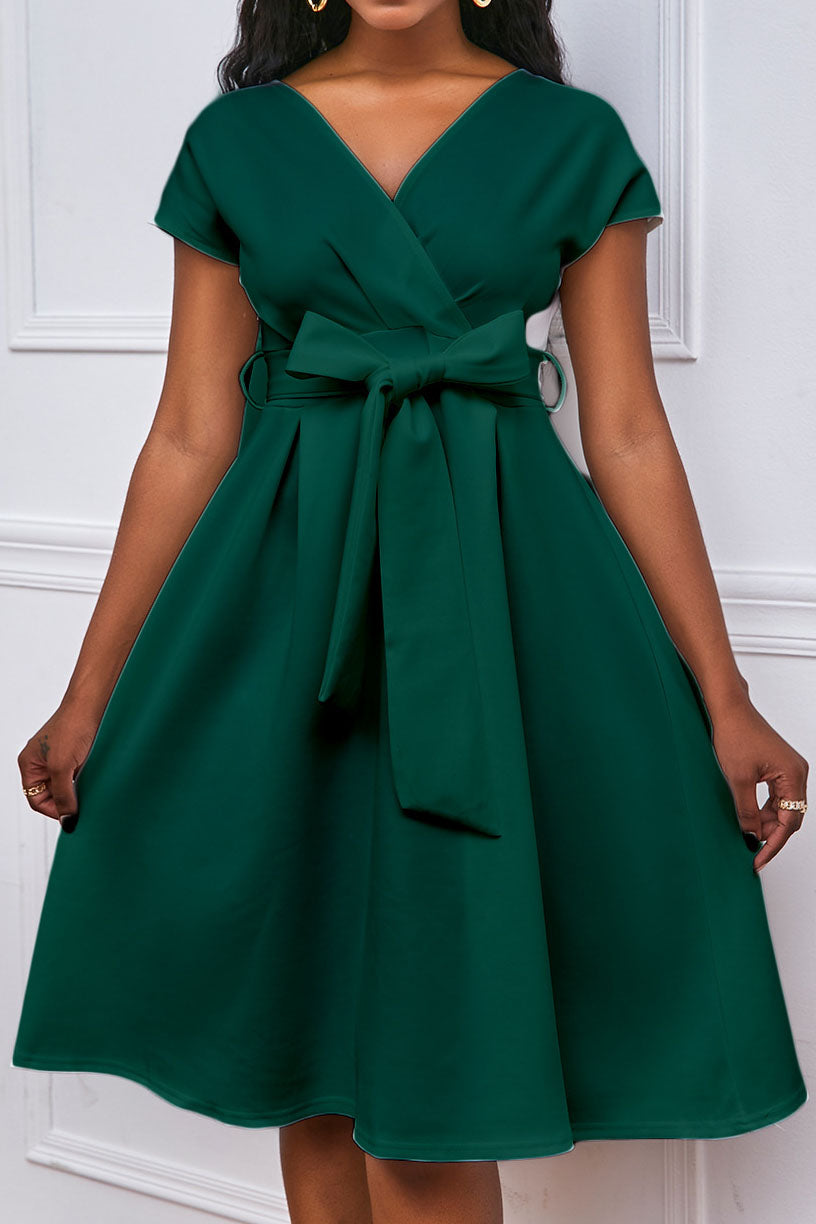 Solid Color Belted Bow Tie Waist Dress Lavish Daily