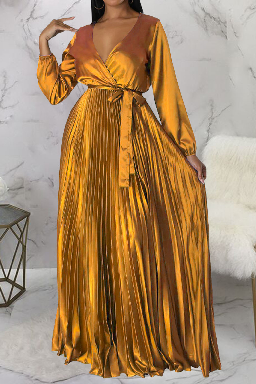Faux Silk Pleated Tie-Waist Maxi Dress Lavish Daily