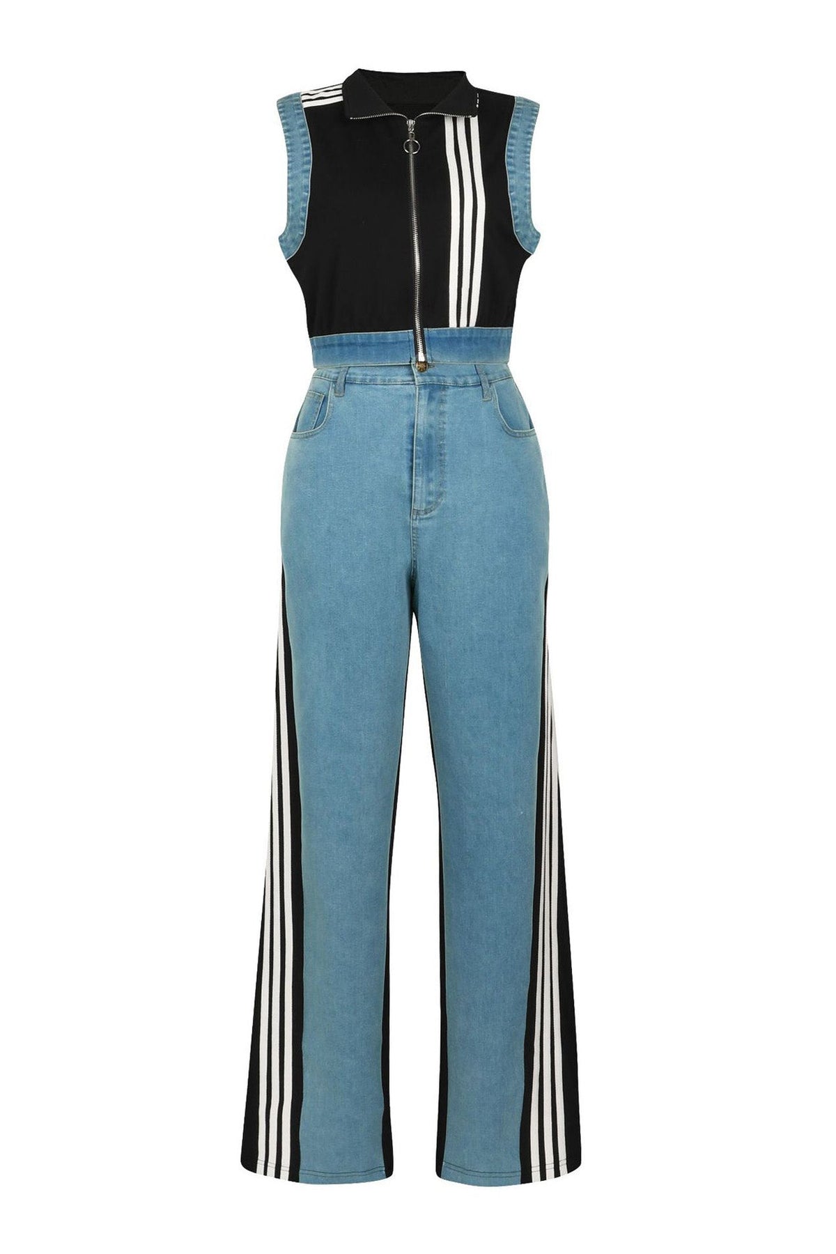 Sporty Striped Denim Crop Vest & Jeans Set Lavish Daily