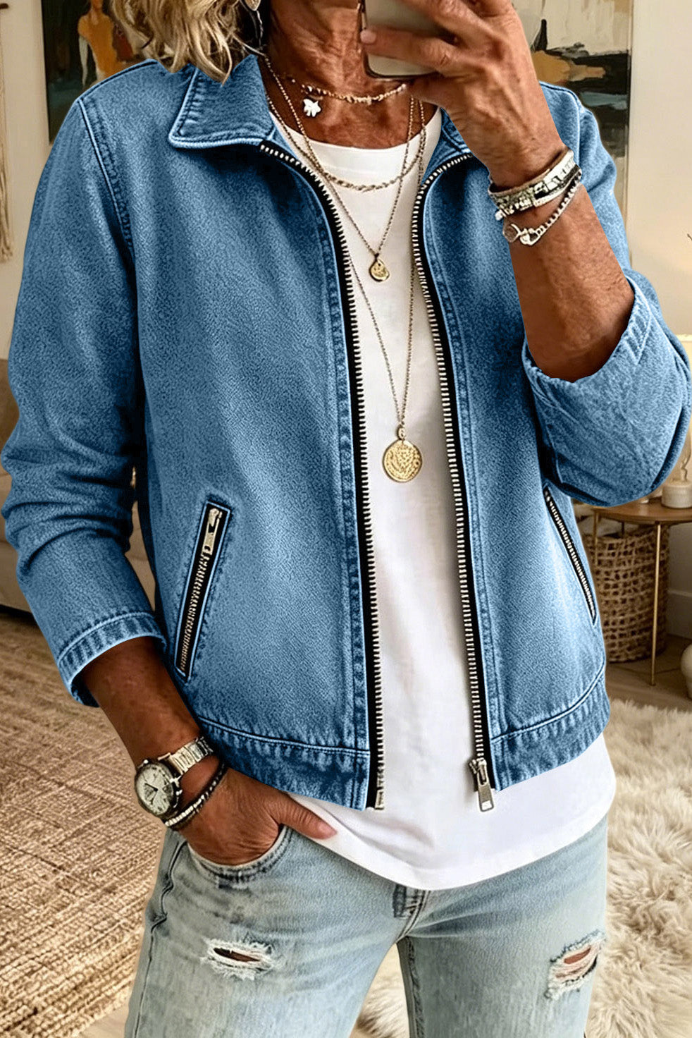 Washed Zip Front Denim Jacket Lavish Daily