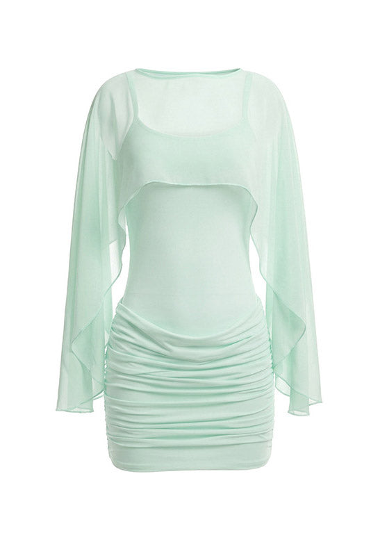 Ruched Mini Dress with Sheer Cape Overlay Lavish Daily