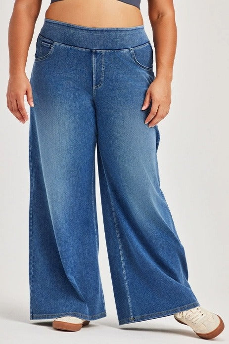 Curvy High-Stretch Wide Leg Pull-On Jeans LavishDaily