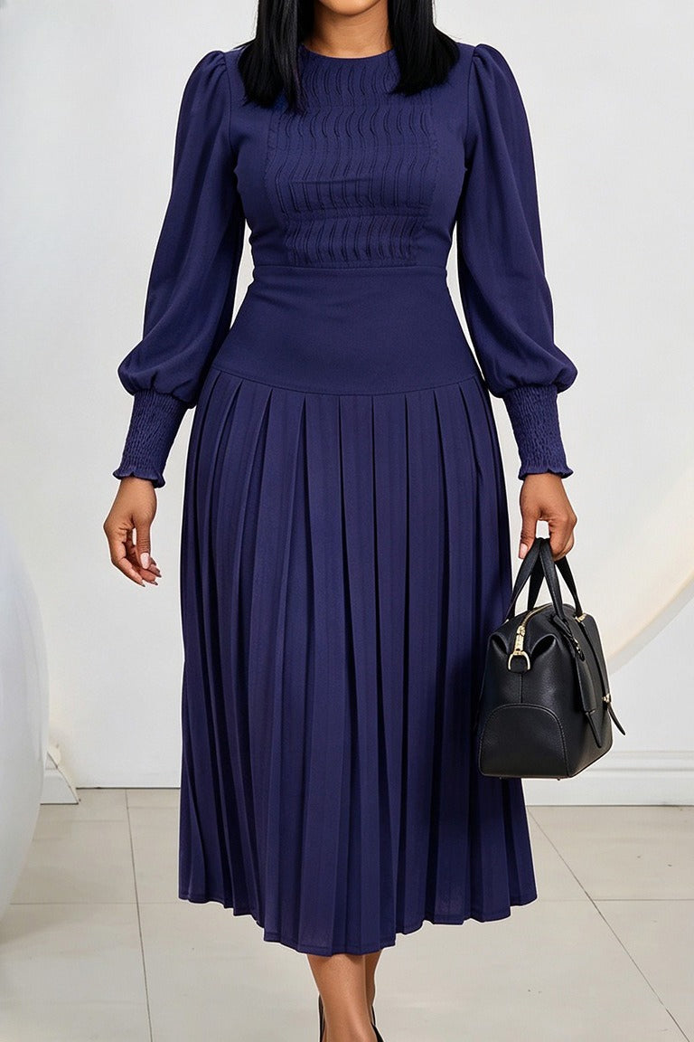 Smocked Puff Sleeve Pleated Midi Dress Lavish Daily