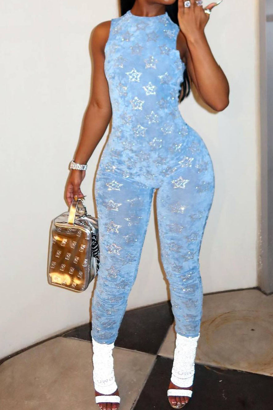 Metallic Star Print Mesh Jumpsuit Lavish Daily