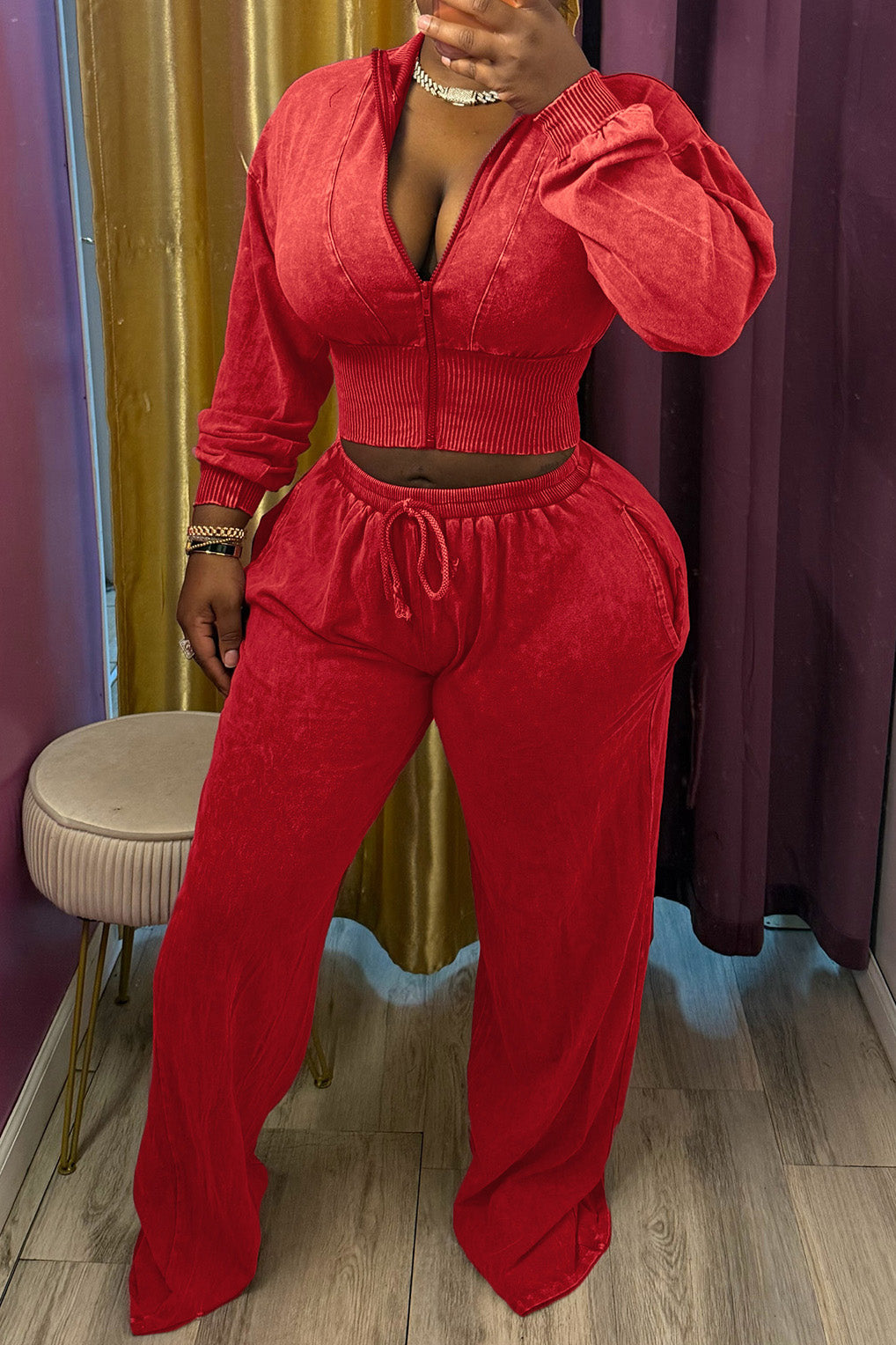 Washed Cropped Zip Jacket Wide Leg Pants Set Lavish Daily