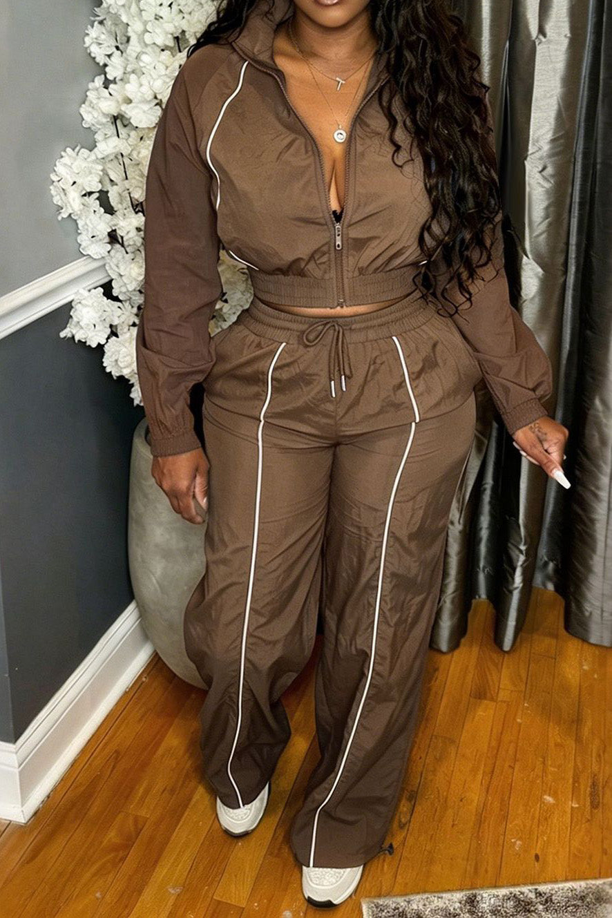 Zip-Front Piped Top & Wide-Leg Pants Set Lavish Daily