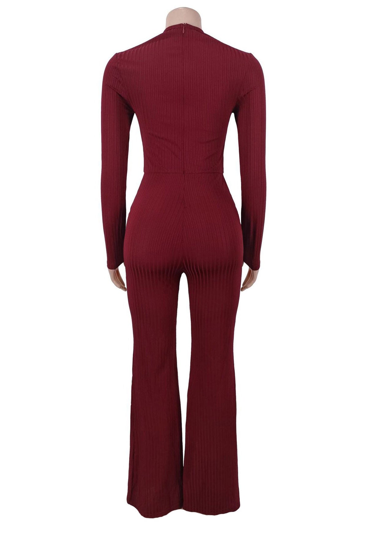 Ribbed Cutout Long-Sleeve Flared Jumpsuit Lavish Daily
