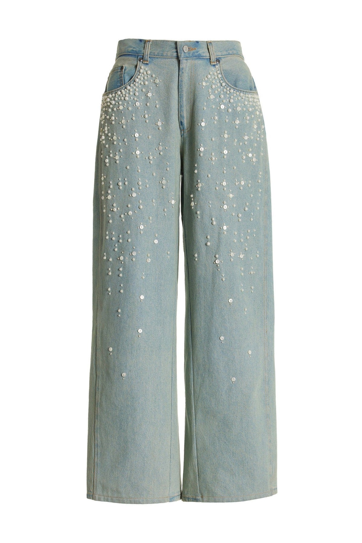 Pearl & Rhinestone Embellished Wide Leg Jeans LavishDaily