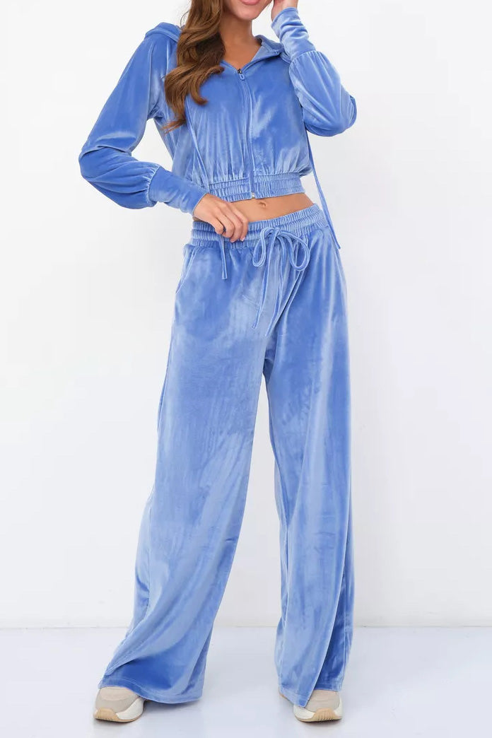 Velvet Hooded Zip Sweatshirt & Pants Set Lavish Daily