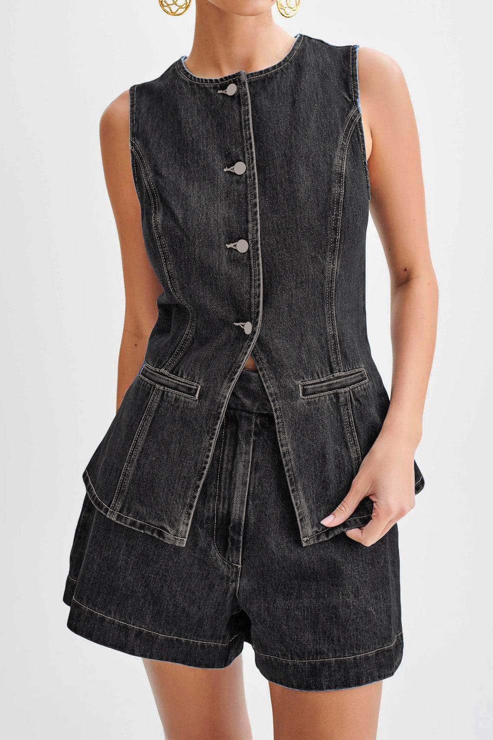 Denim Button-Up Vest & Shorts Set Lavish Daily
