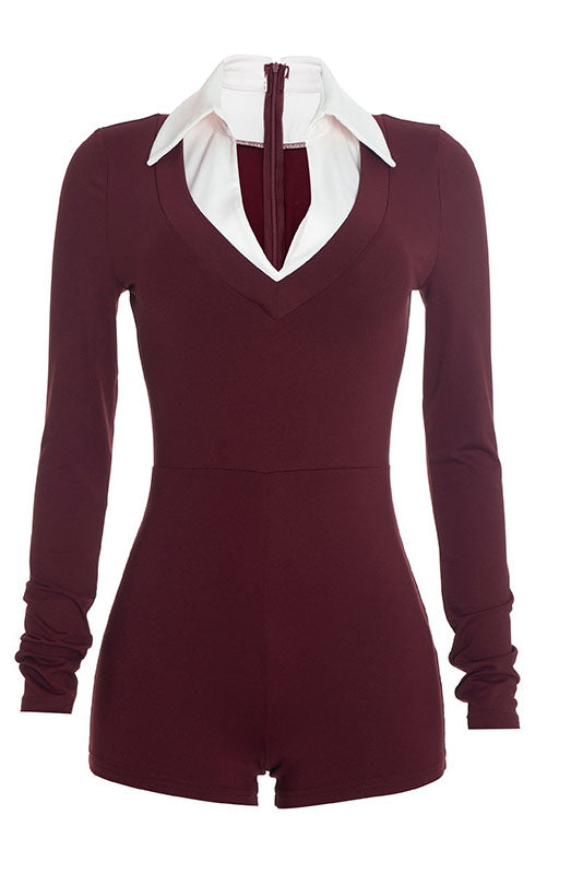 Contrast-Collar V-Neck Long-Sleeve Romper Lavish Daily