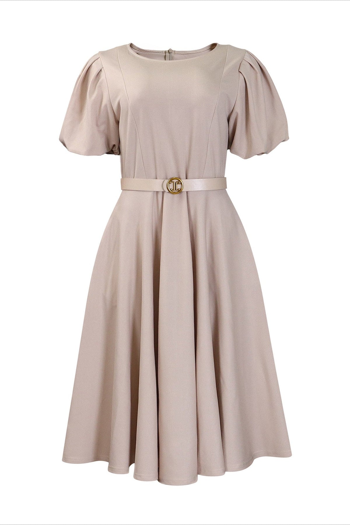 Puff-Sleeve Belted A-Line Midi Dress Lavish Daily
