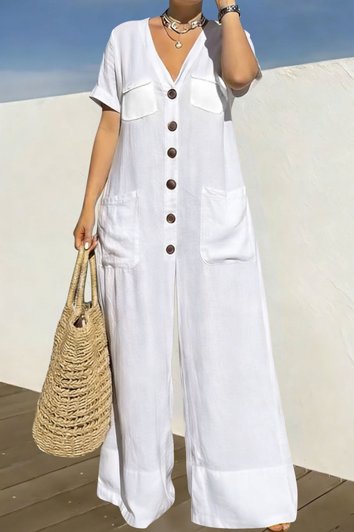 Plus Size Relaxed Button-Front Wide Leg Jumpsuit Lavish Daily