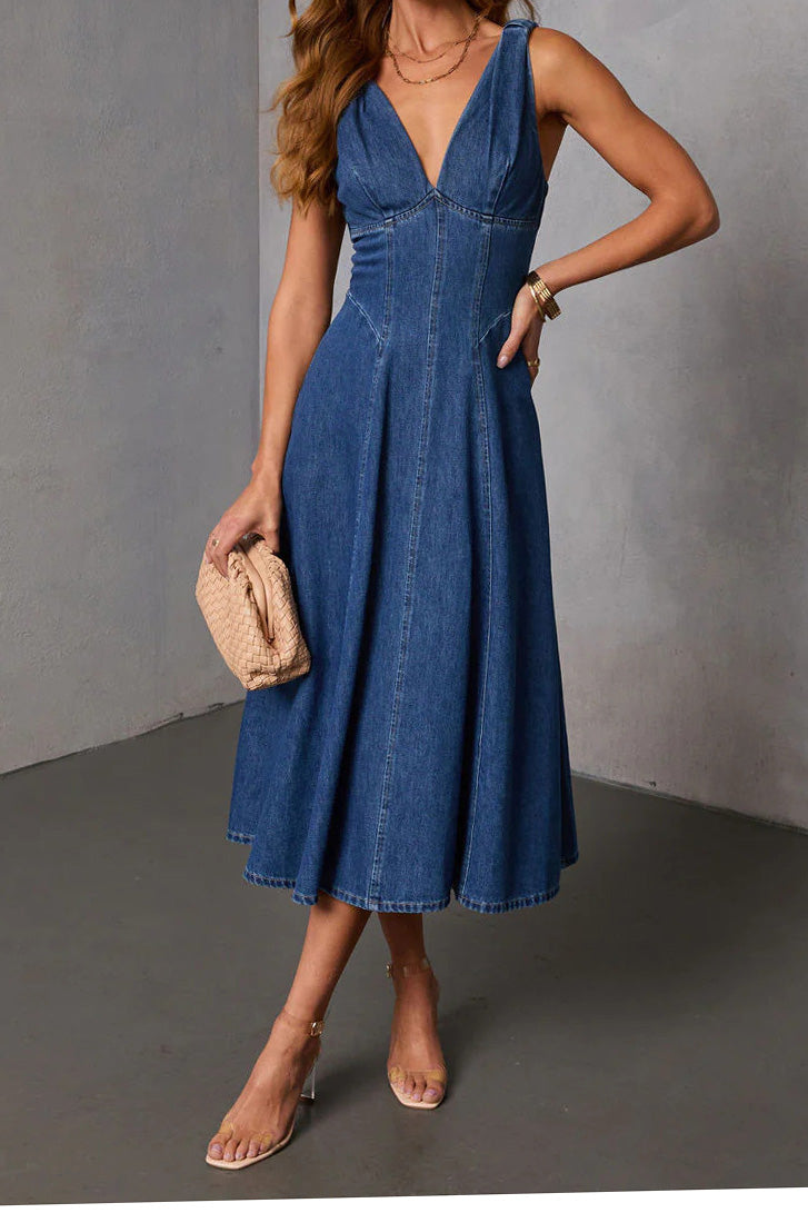 Plunge V-Neck Corset Denim Midi Dress Lavish Daily