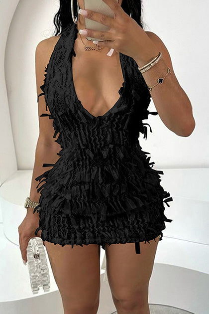 Shredded Fringe Halter Open-Back Dress Lavish Daily
