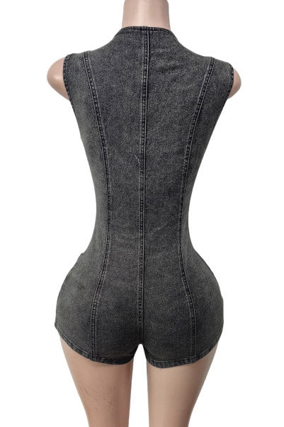 Waist-Cinched Denim Rompers Lavish Daily