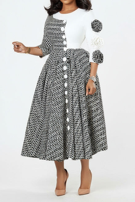 Elegant Round Neck Printed Patchwork Dress Lavish Daily