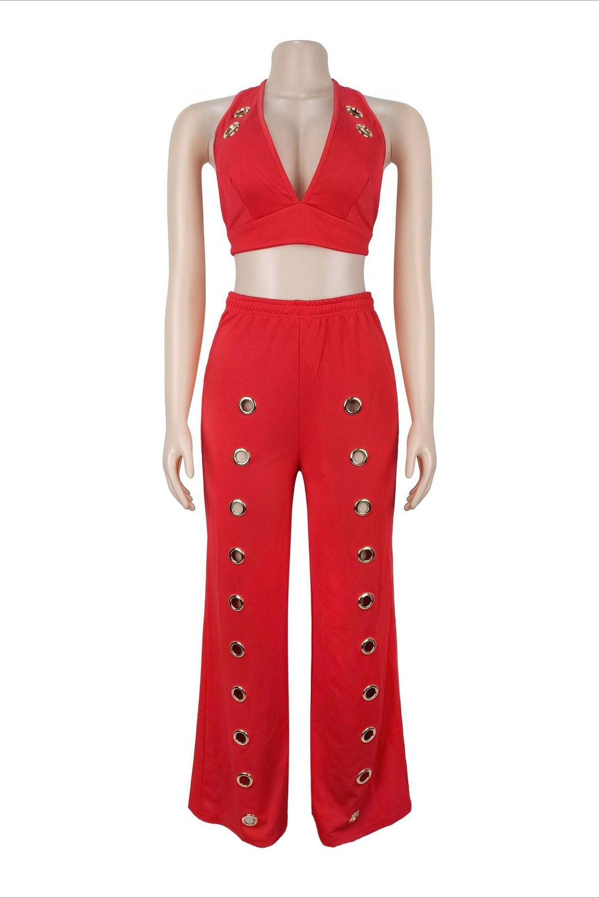 Oversized Eyelet Halter Crop Top & Pant Set Lavish Daily