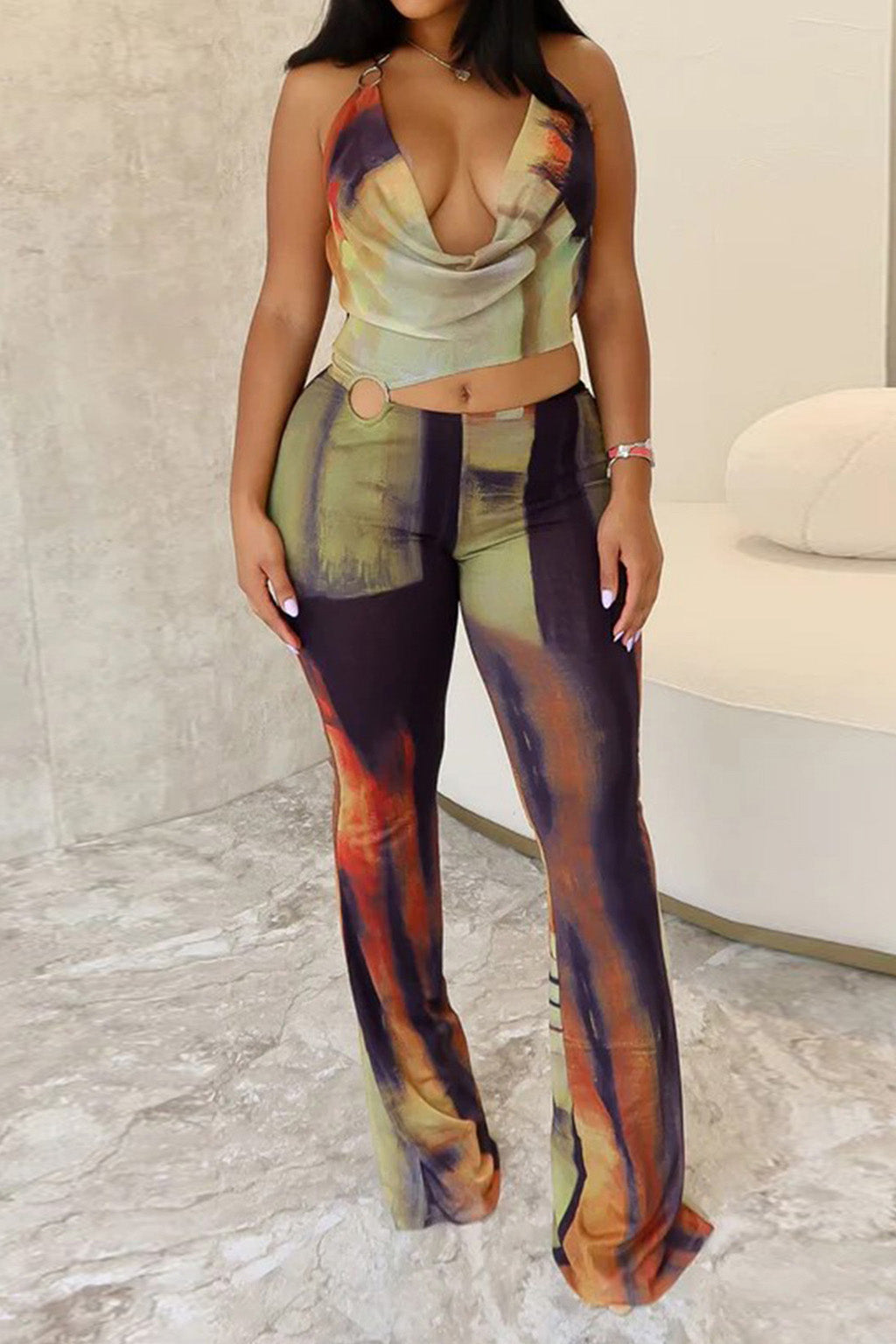 Cowl Neck Cutout Flared Jumpsuit Lavish Daily
