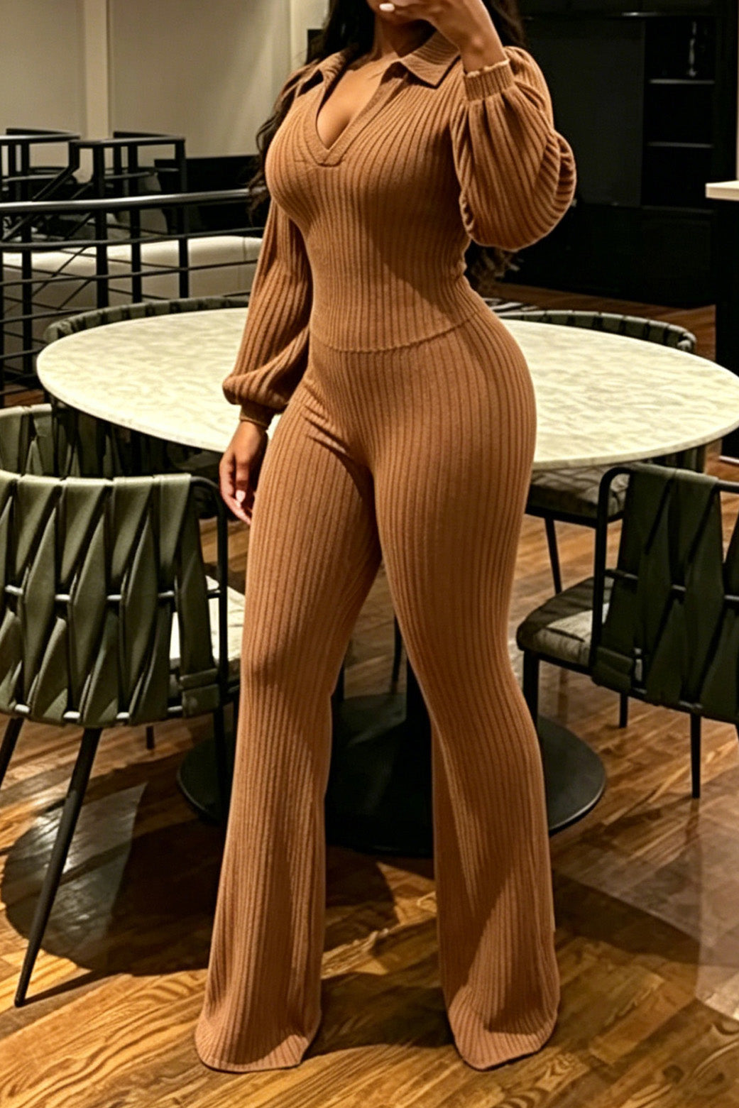 Ribbed Knit Collared Flare Pant 2-Piece Set Lavish Daily