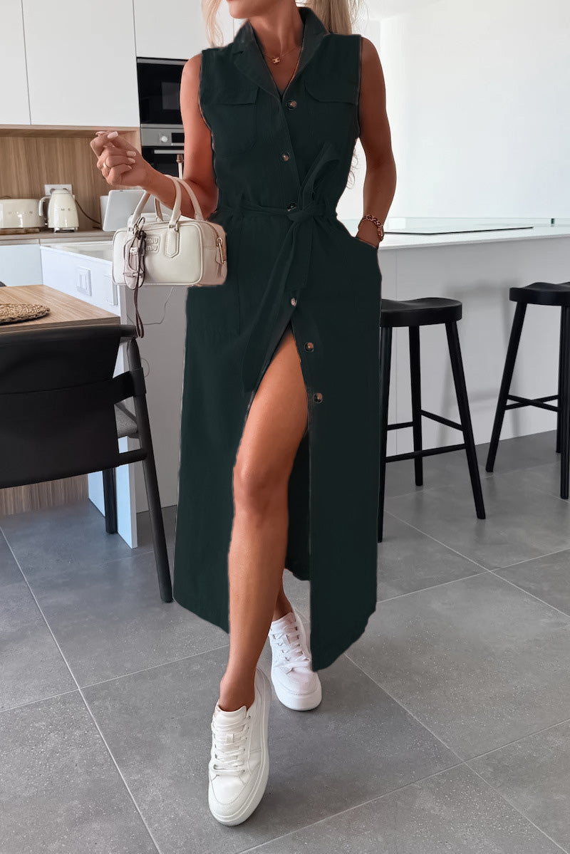 Sleeveless Belted Utility Maxi Shirt Dress Lavish Daily